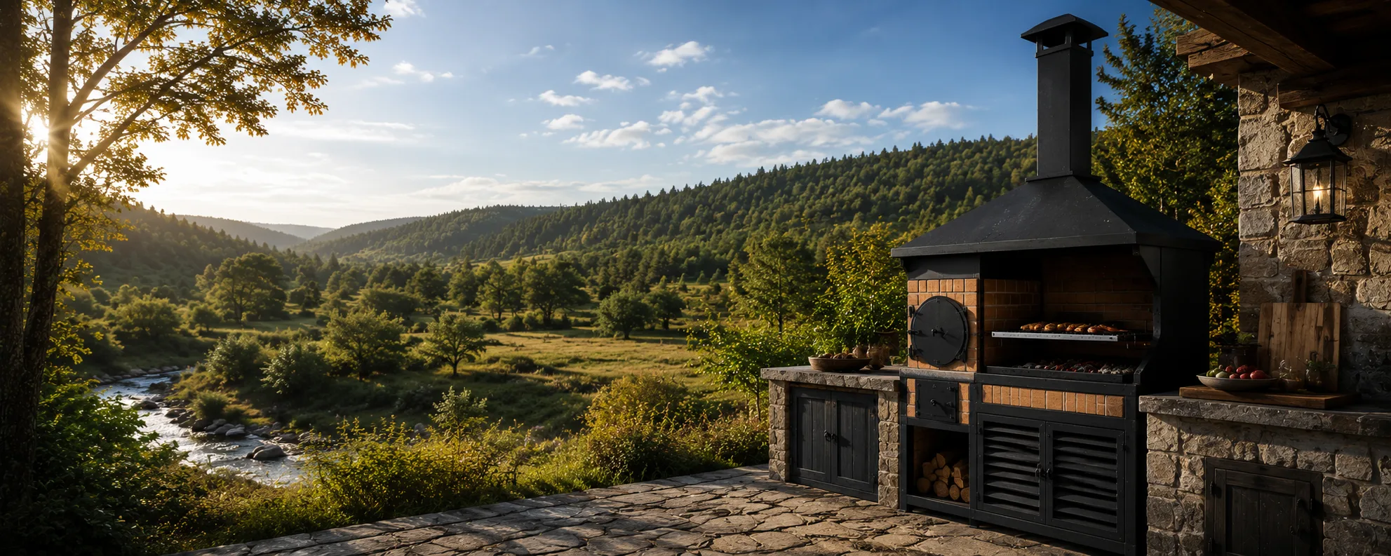 Valle boscoso al atardecer con un quincho de piedra y ladrillo en una terraza