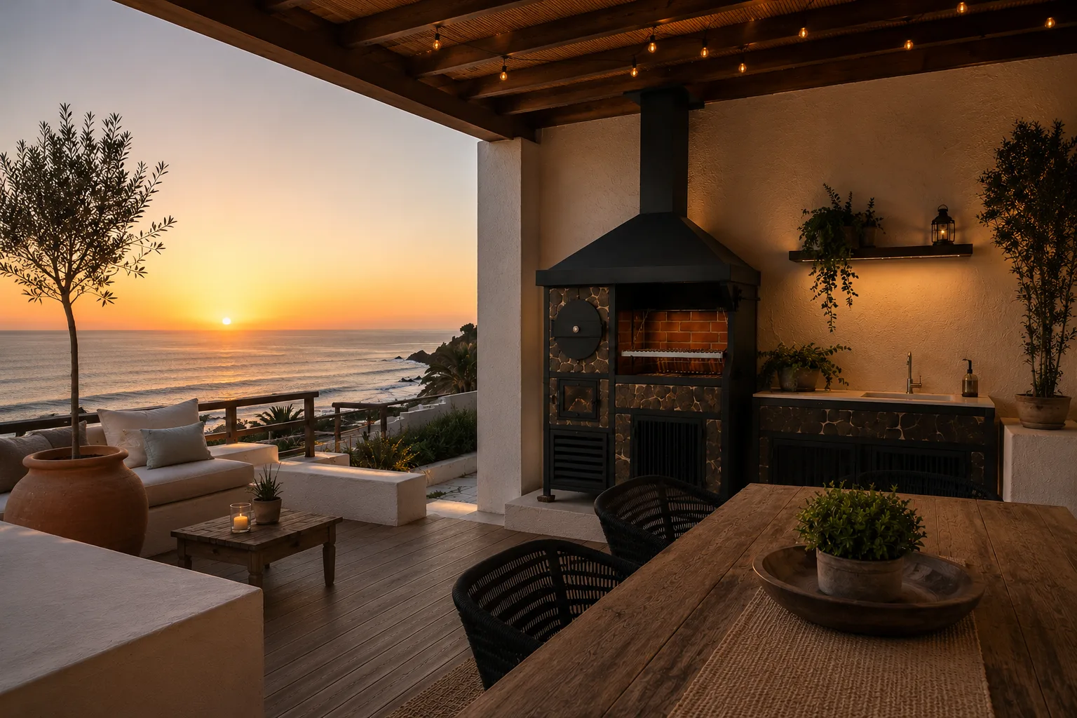 Mesa servida frente al atardecer junto al quincho